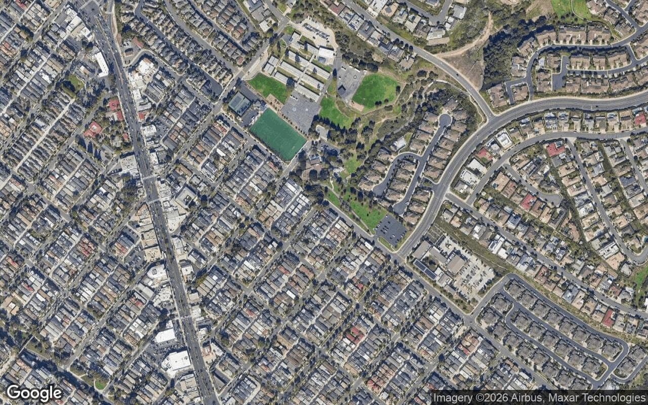 Satellite aerial view of Jasmine Park in Corona del Mar, California, showing the neighborhood's streets and surroundings.