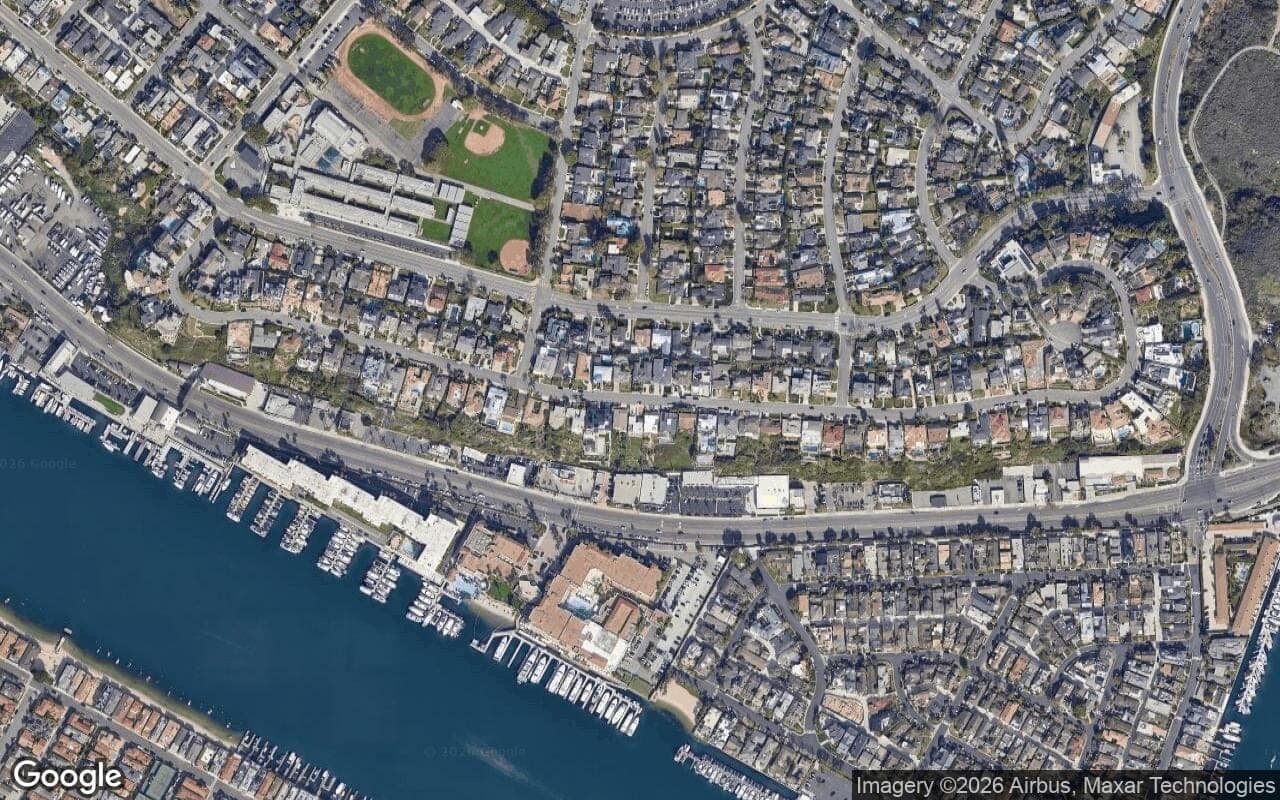 Satellite aerial view of Kings Road in Newport Beach, California, showing the neighborhood's streets and surroundings.