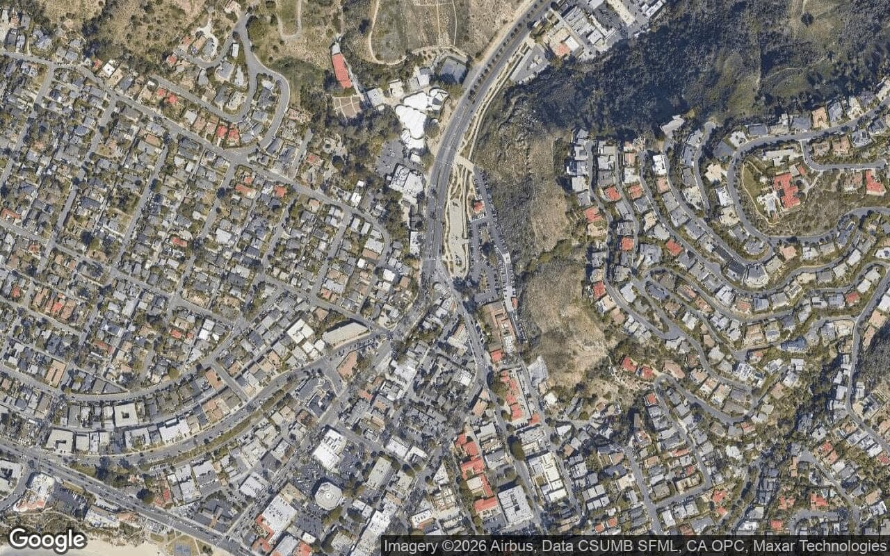Satellite aerial view of The Village in Laguna Beach, California, showing the neighborhood's streets and surroundings.