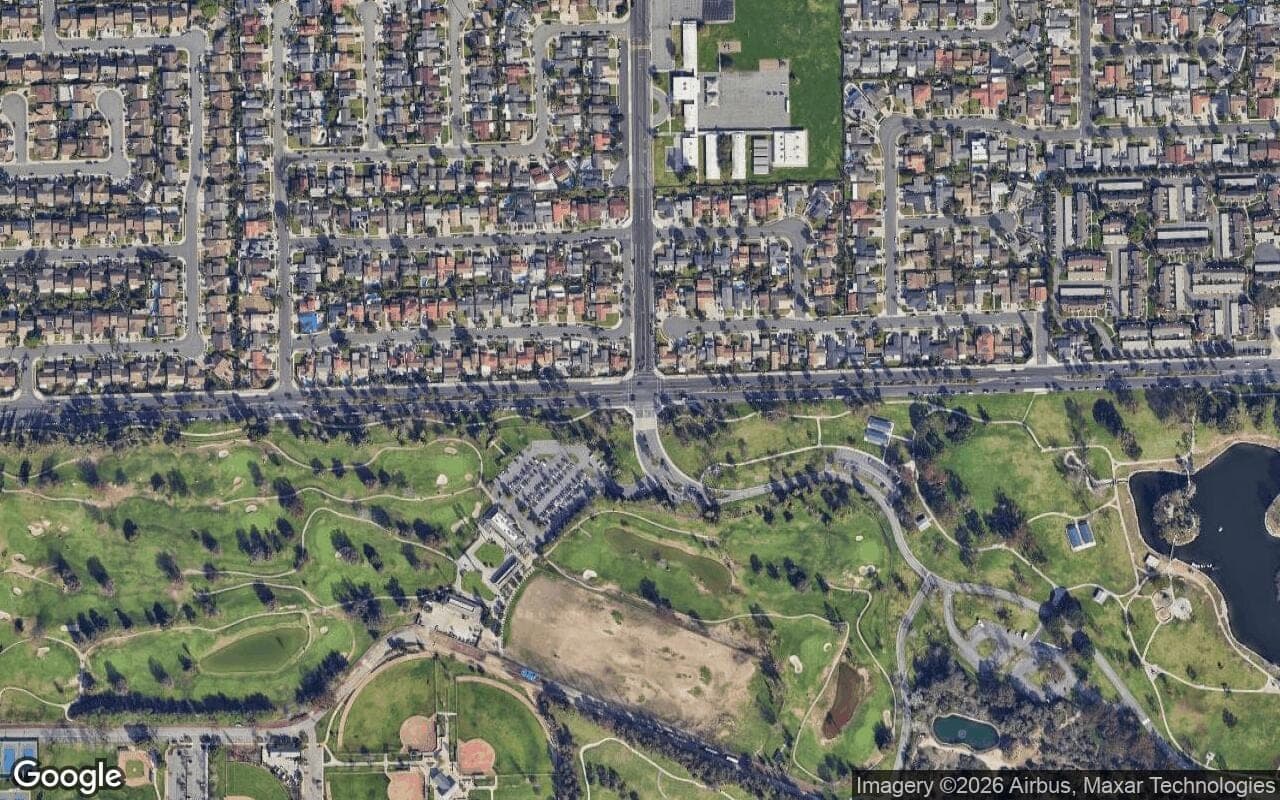 Satellite aerial view of Lark Village in Fountain Valley, California, showing the neighborhood's streets and surroundings.