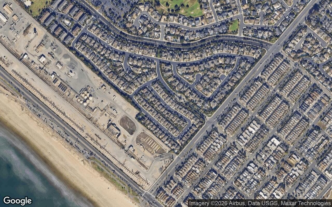 Satellite aerial view of Lighthouse in Huntington Beach, California, showing the neighborhood's streets and surroundings.