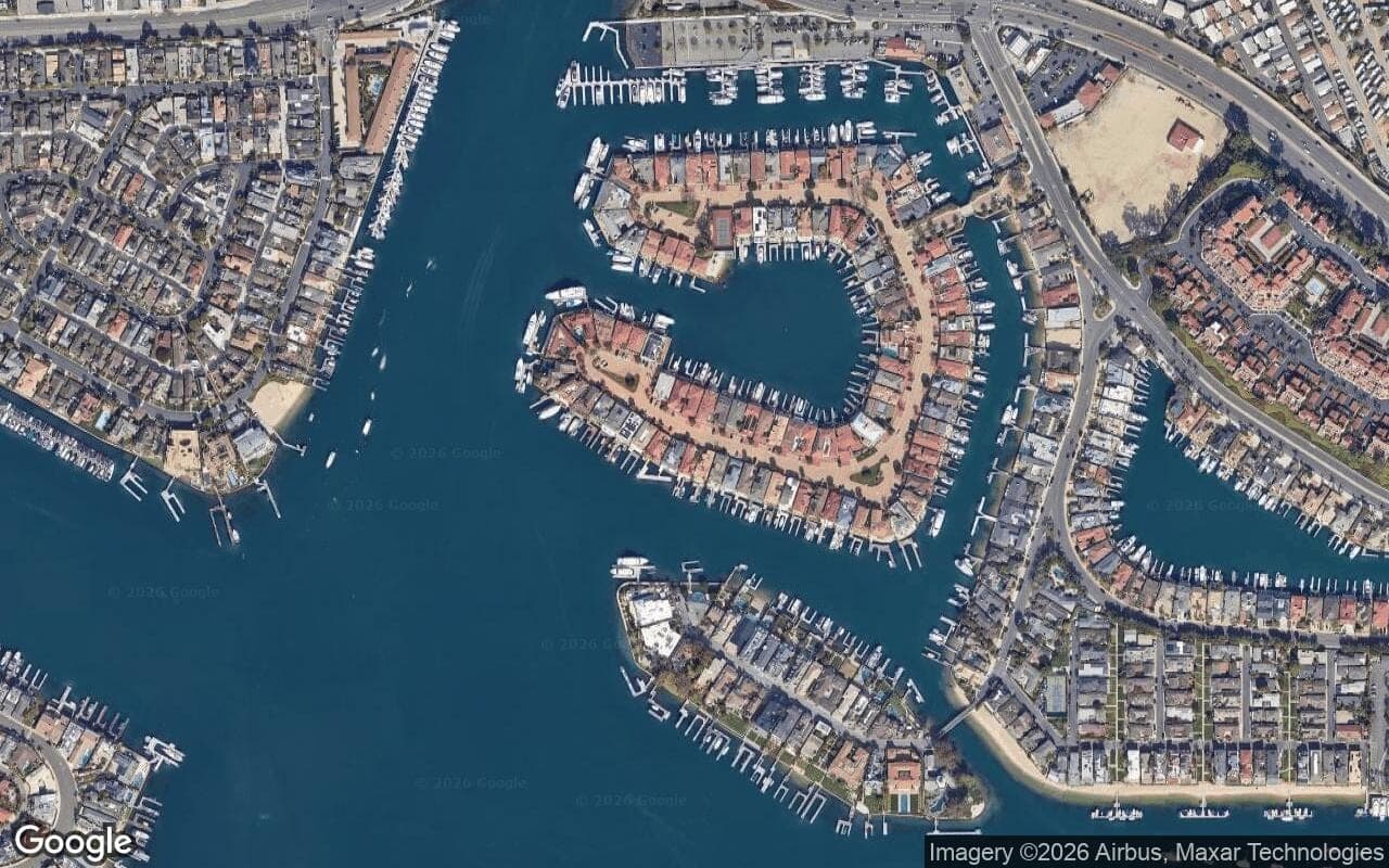 Satellite aerial view of Linda Isle in Newport Beach, California, showing the neighborhood's streets and surroundings.
