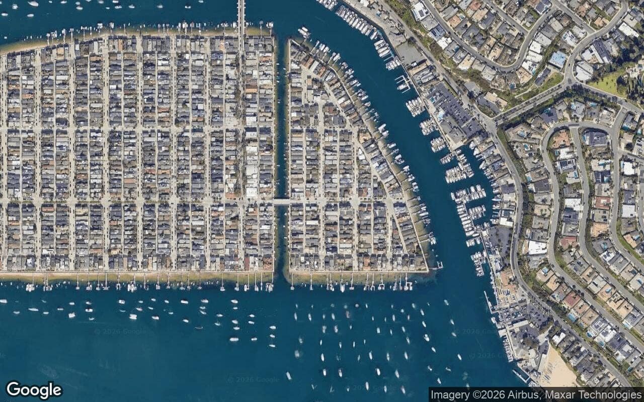 Satellite aerial view of Little Balboa Island in Newport Beach, California, showing the neighborhood's streets and surroundings.