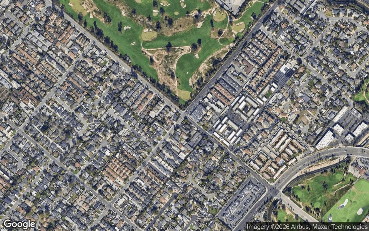 Satellite aerial view of Mesa North in Costa Mesa, California, showing the neighborhood's streets and surroundings.