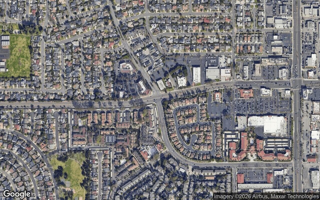 Satellite aerial view of Mesa Verde in Costa Mesa, California, showing the neighborhood's streets and surroundings.