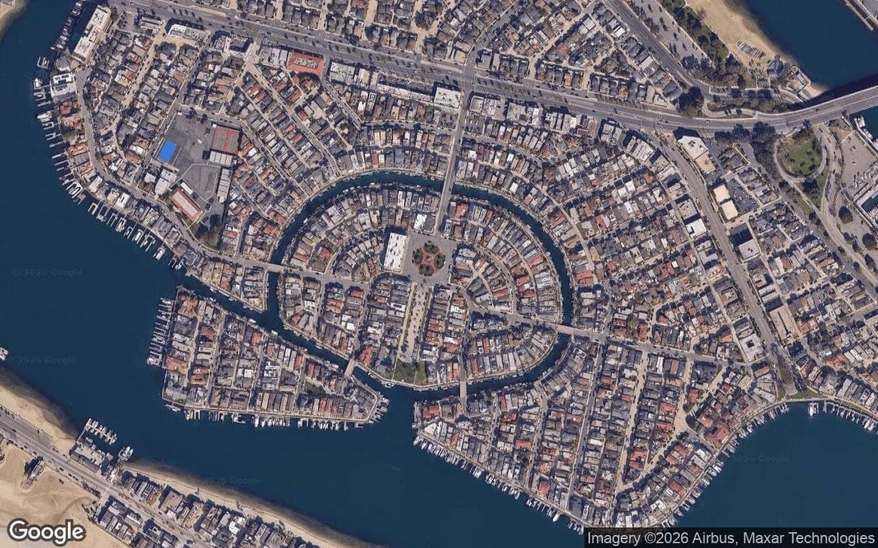 Satellite aerial view of Naples in Long Beach, California, showing the neighborhood's streets and surroundings.