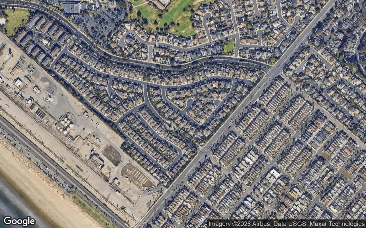 Satellite aerial view of Nautical Pointe in Huntington Beach, California, showing the neighborhood's streets and surroundings.