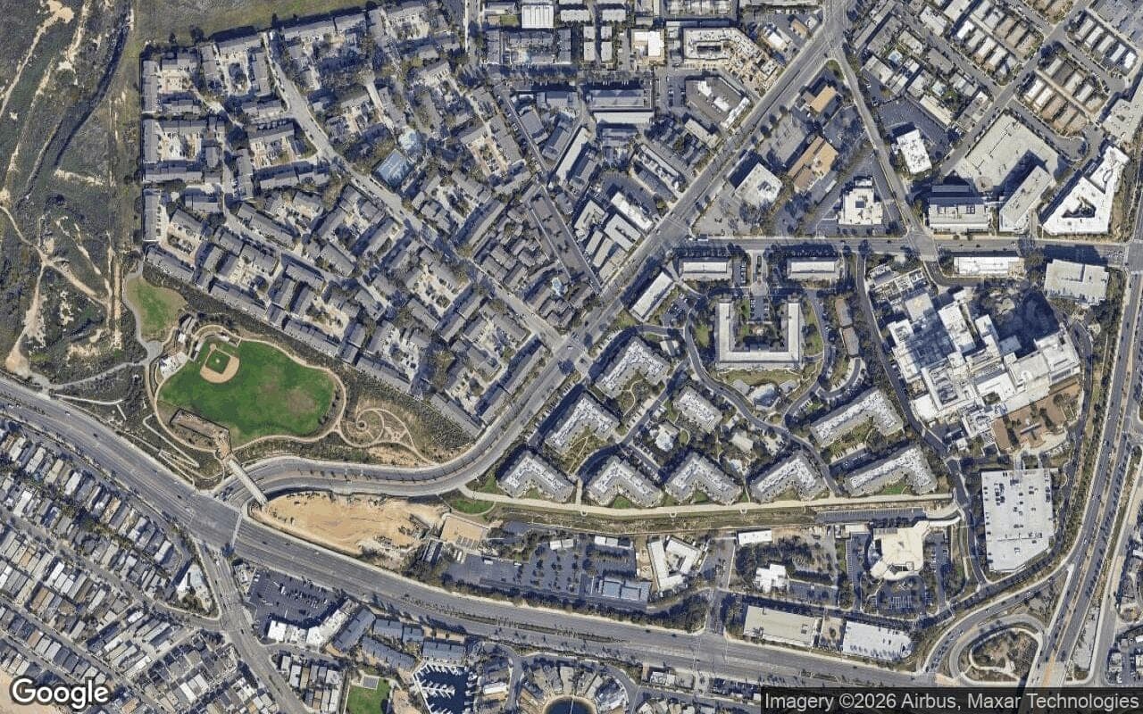 Satellite aerial view of Newport Crest in Newport Beach, California, showing the neighborhood's streets and surroundings.
