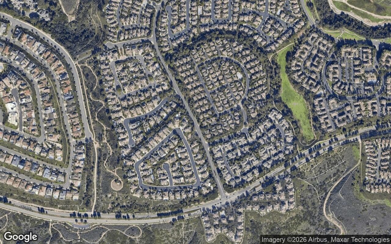Satellite aerial view of Newport Ridge North in Newport Coast, California, showing the neighborhood's streets and surroundings.