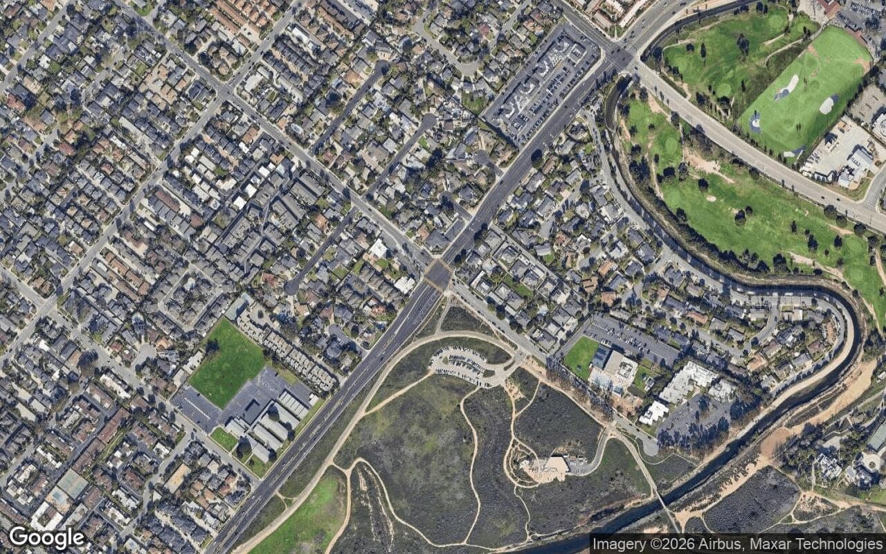 Satellite aerial view of North Bay Homes in Newport Beach, California, showing the neighborhood's streets and surroundings.