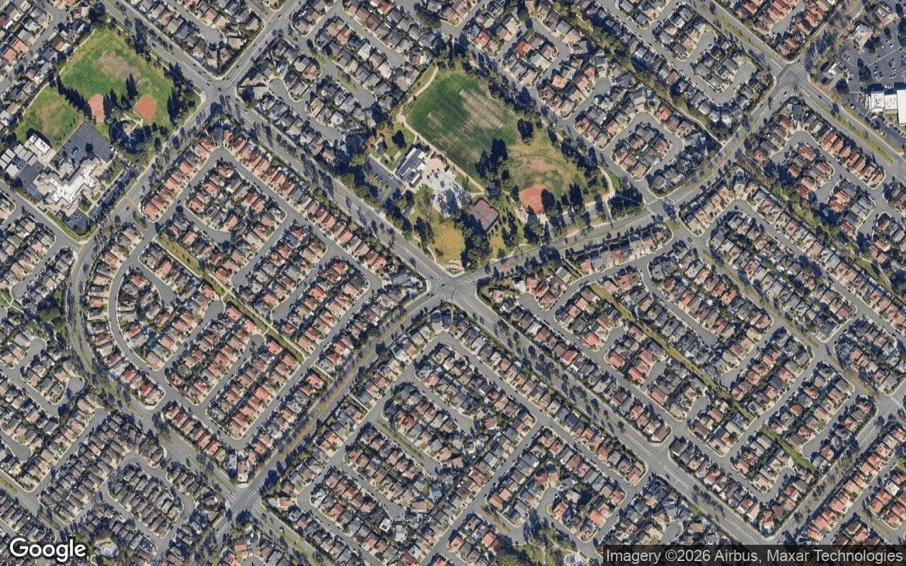 Satellite aerial view of Northwood in Irvine, California, showing the neighborhood's streets and surroundings.