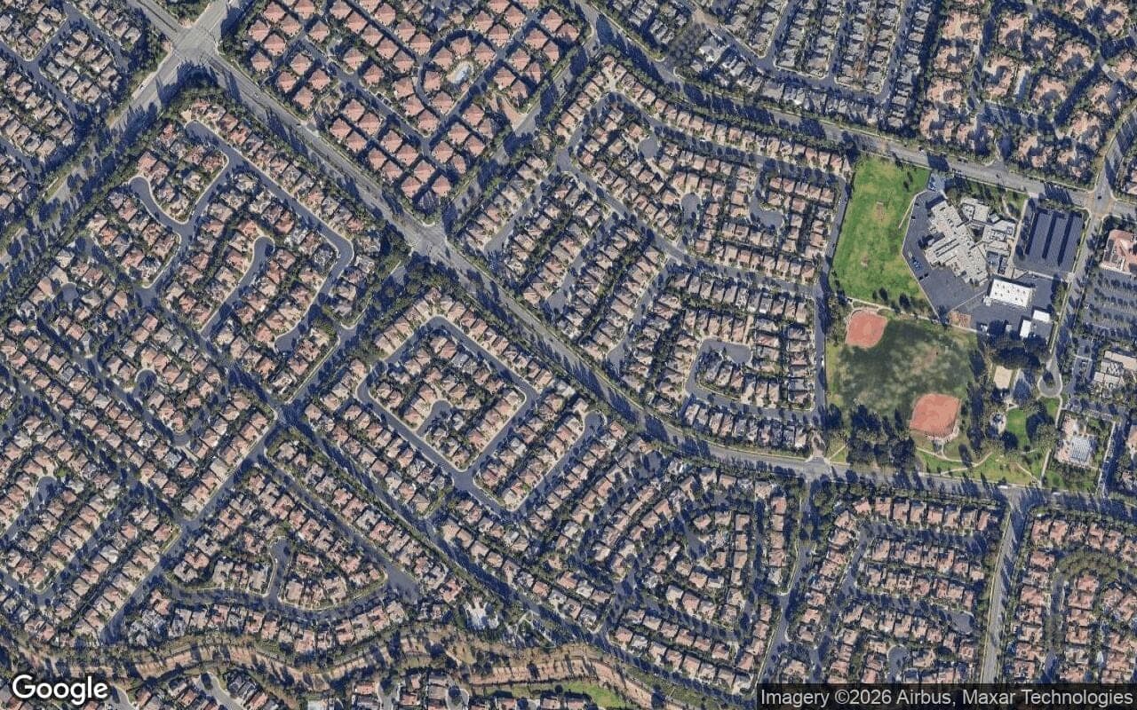 Satellite aerial view of Northwood Pointe in Irvine, California, showing the neighborhood's streets and surroundings.