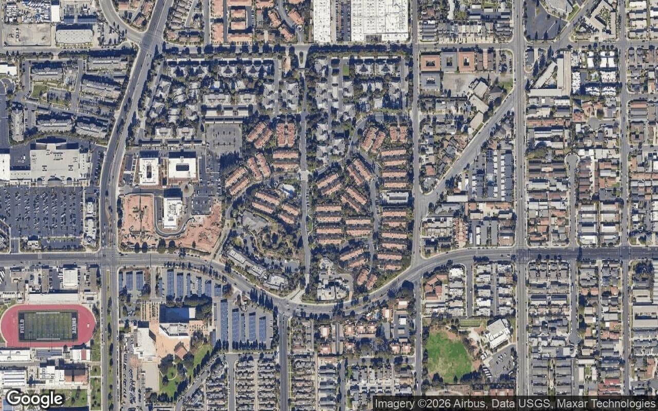 Satellite aerial view of Pacific Ranch in Huntington Beach, California, showing the neighborhood's streets and surroundings.