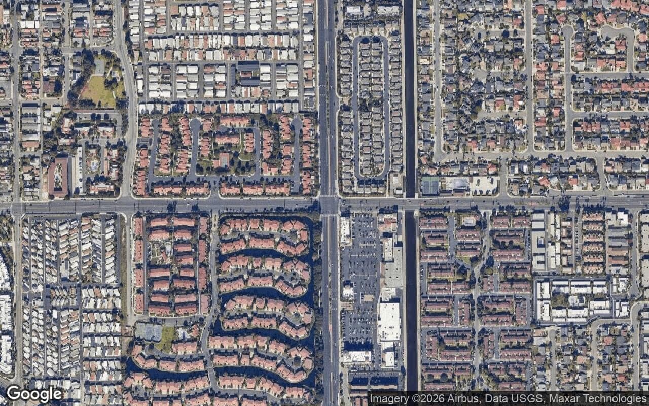 Satellite aerial view of Pacific Sands in Huntington Beach, California, showing the neighborhood's streets and surroundings.