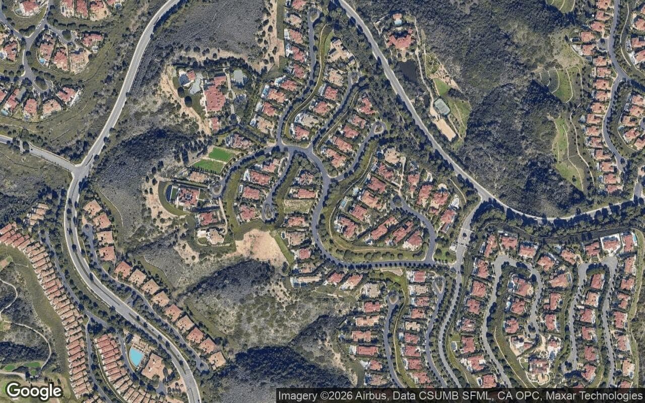 Satellite aerial view of Pelican Crest in Newport Coast, California, showing the neighborhood's streets and surroundings.
