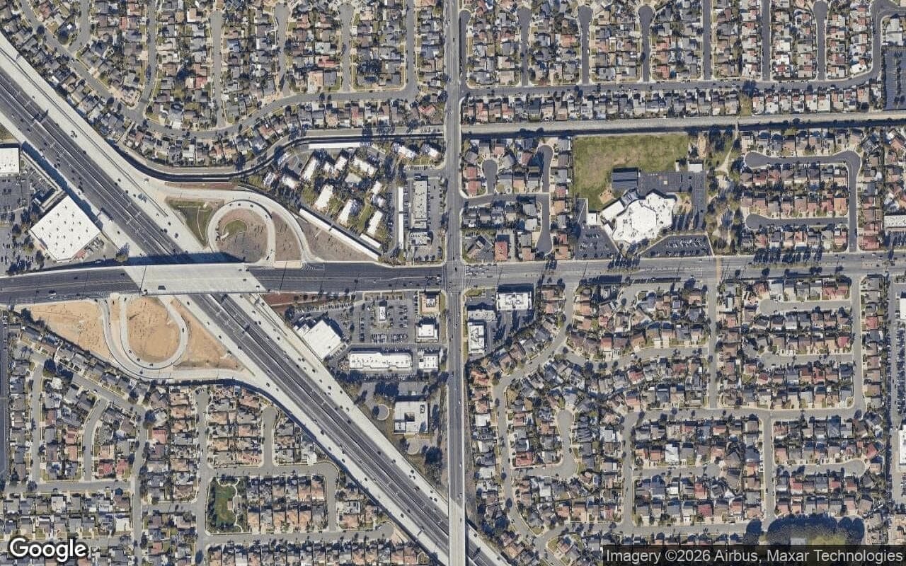 Satellite aerial view of Rancho Bolsas in Fountain Valley, California, showing the neighborhood's streets and surroundings.