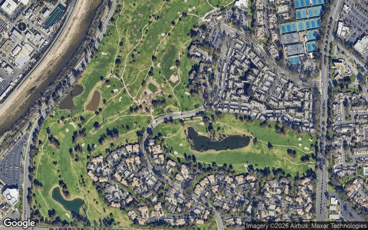 Satellite aerial view of Rancho San Joaquin in Irvine, California, showing the neighborhood's streets and surroundings.