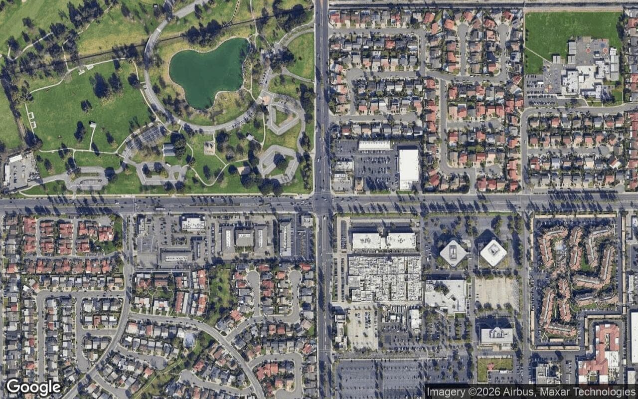 Satellite aerial view of Saddleback in Fountain Valley, California, showing the neighborhood's streets and surroundings.