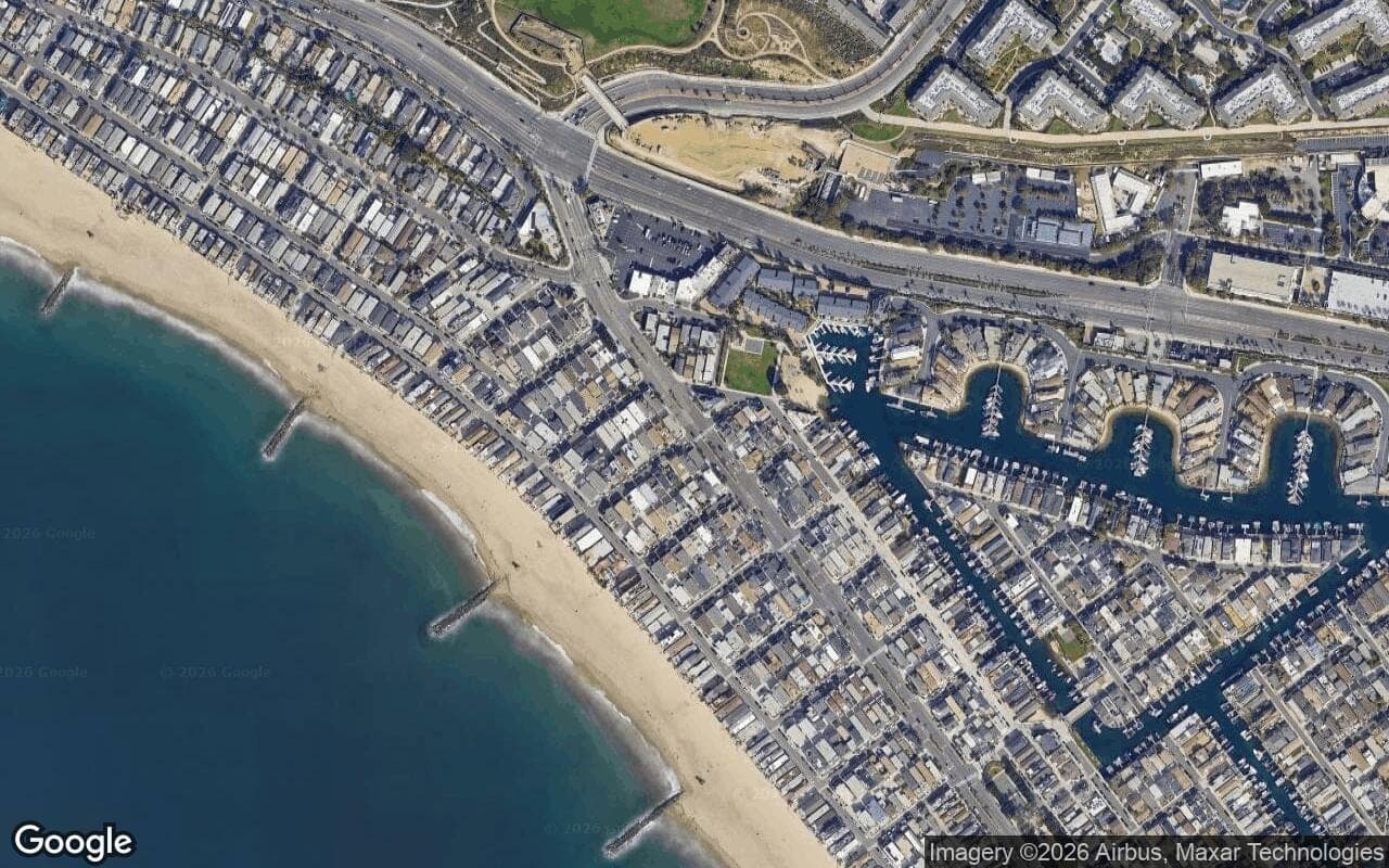 Satellite aerial view of Sea Faire in Newport Beach, California, showing the neighborhood's streets and surroundings.
