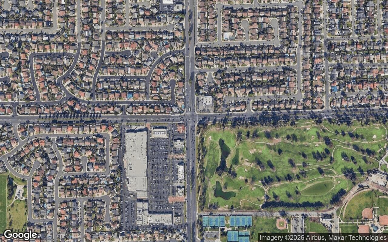 Satellite aerial view of Shadow Run in Fountain Valley, California, showing the neighborhood's streets and surroundings.