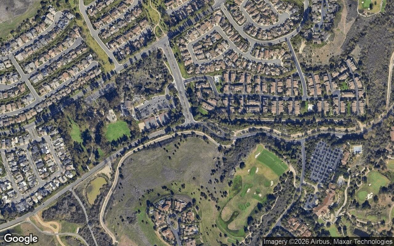 Satellite aerial view of Shady Canyon in Irvine, California, showing the neighborhood's streets and surroundings.