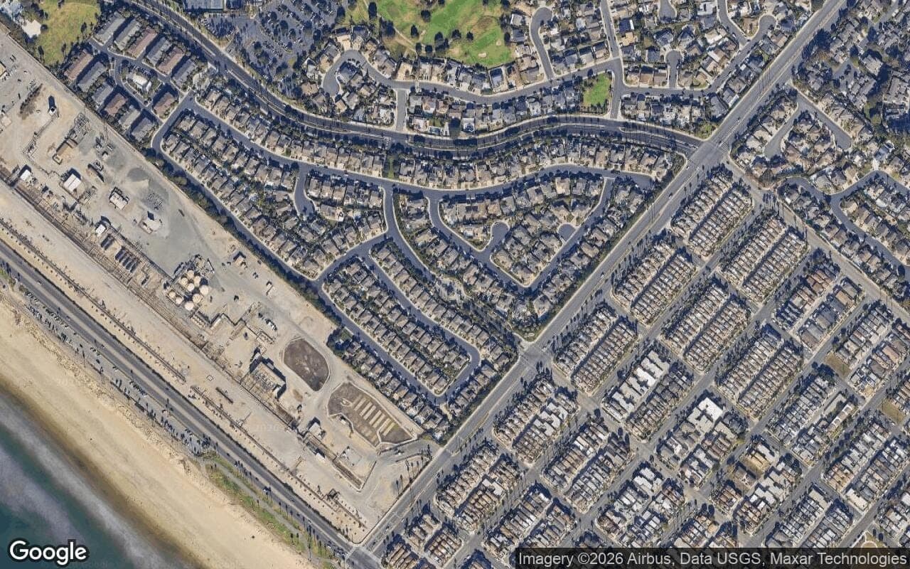 Satellite aerial view of Shoreline in Huntington Beach, California, showing the neighborhood's streets and surroundings.