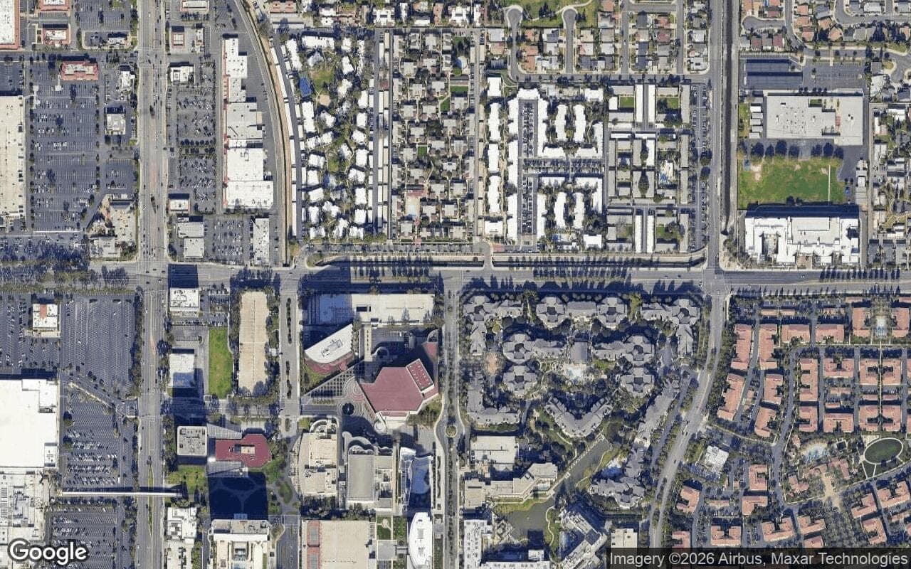 Satellite aerial view of South Coast Metro in Costa Mesa, California, showing the neighborhood's streets and surroundings.