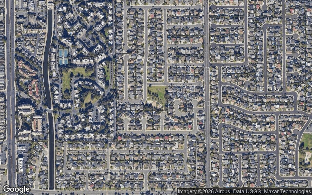 Satellite aerial view of Summerfield in Huntington Beach, California, showing the neighborhood's streets and surroundings.