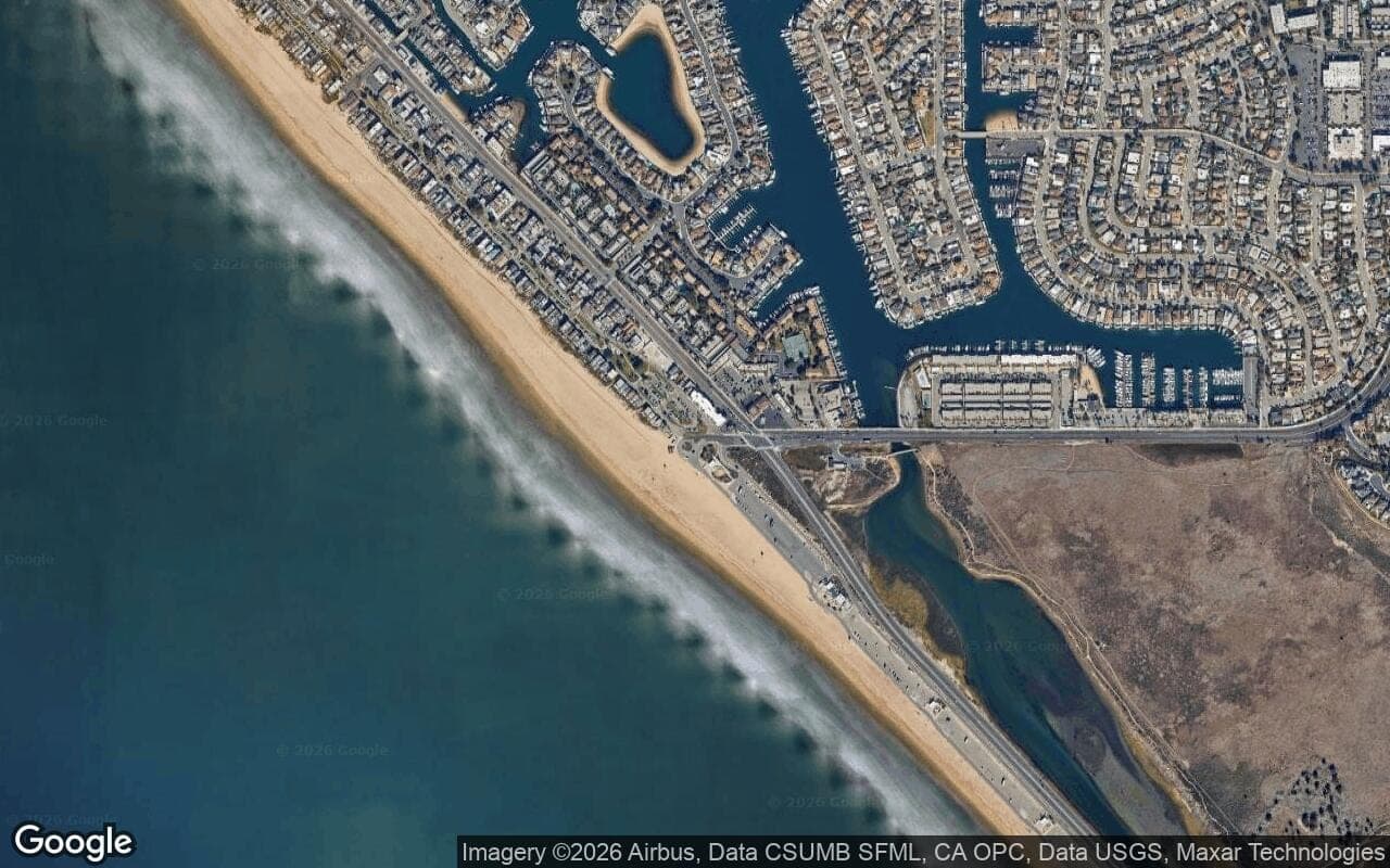 Satellite aerial view of Sunset Beach in Huntington Beach, California, showing the neighborhood's streets and surroundings.