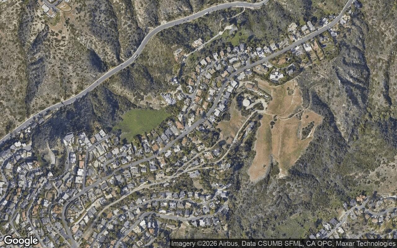 Satellite aerial view of Temple Hills in Laguna Beach, California, showing the neighborhood's streets and surroundings.