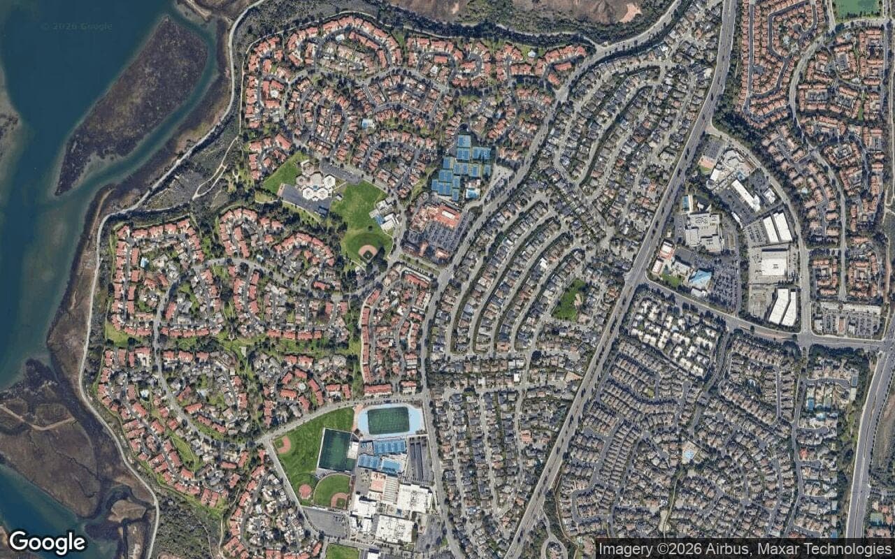 Satellite aerial view of The Bluffs in Newport Beach, California, showing the neighborhood's streets and surroundings.