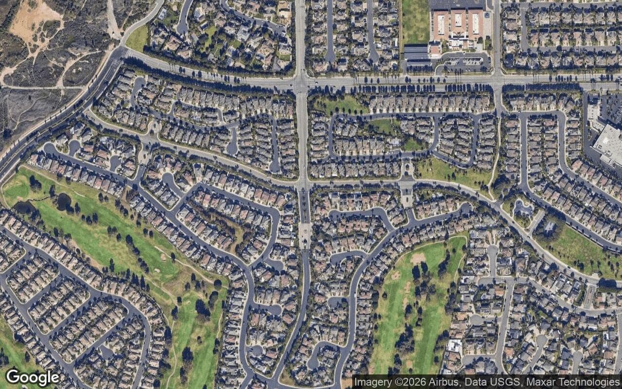 Satellite aerial view of The Peninsula in Huntington Beach, California, showing the neighborhood's streets and surroundings.