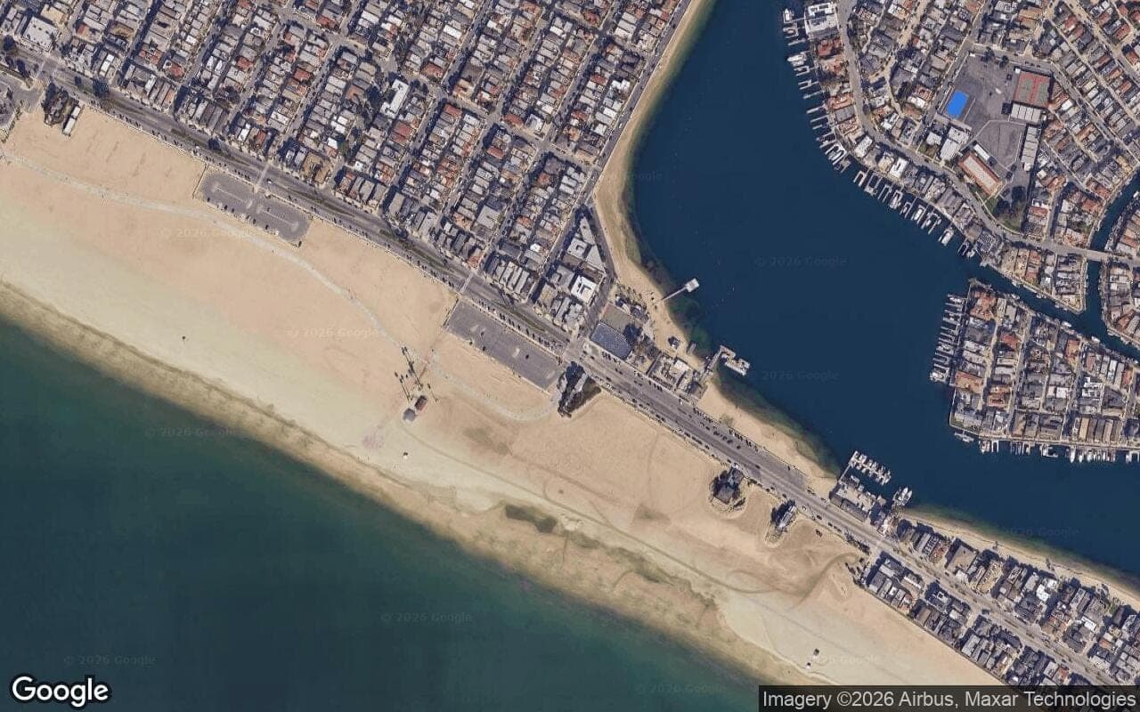 Satellite aerial view of The Peninsula in Long Beach, California, showing the neighborhood's streets and surroundings.