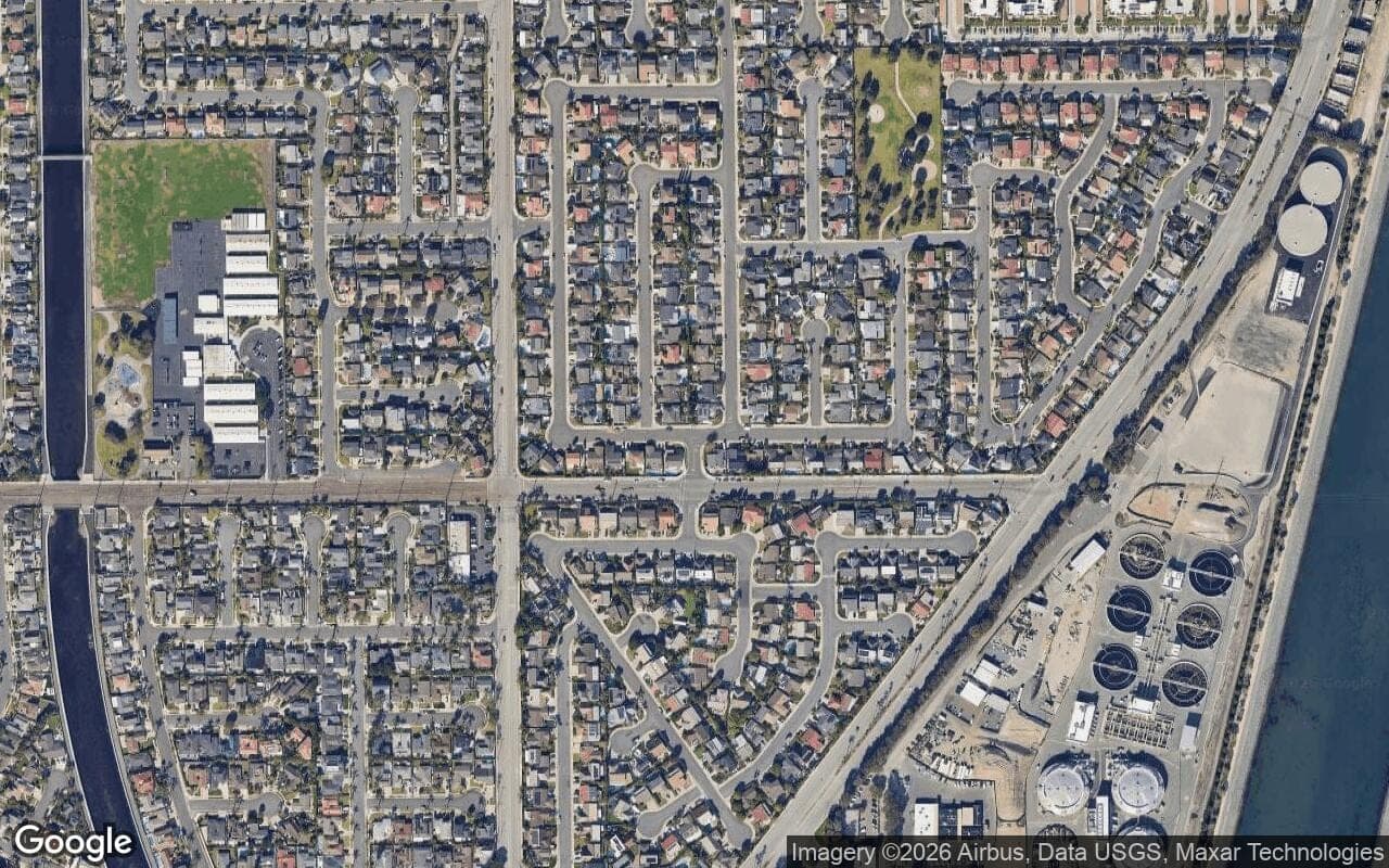 Satellite aerial view of The Tides in Huntington Beach, California, showing the neighborhood's streets and surroundings.