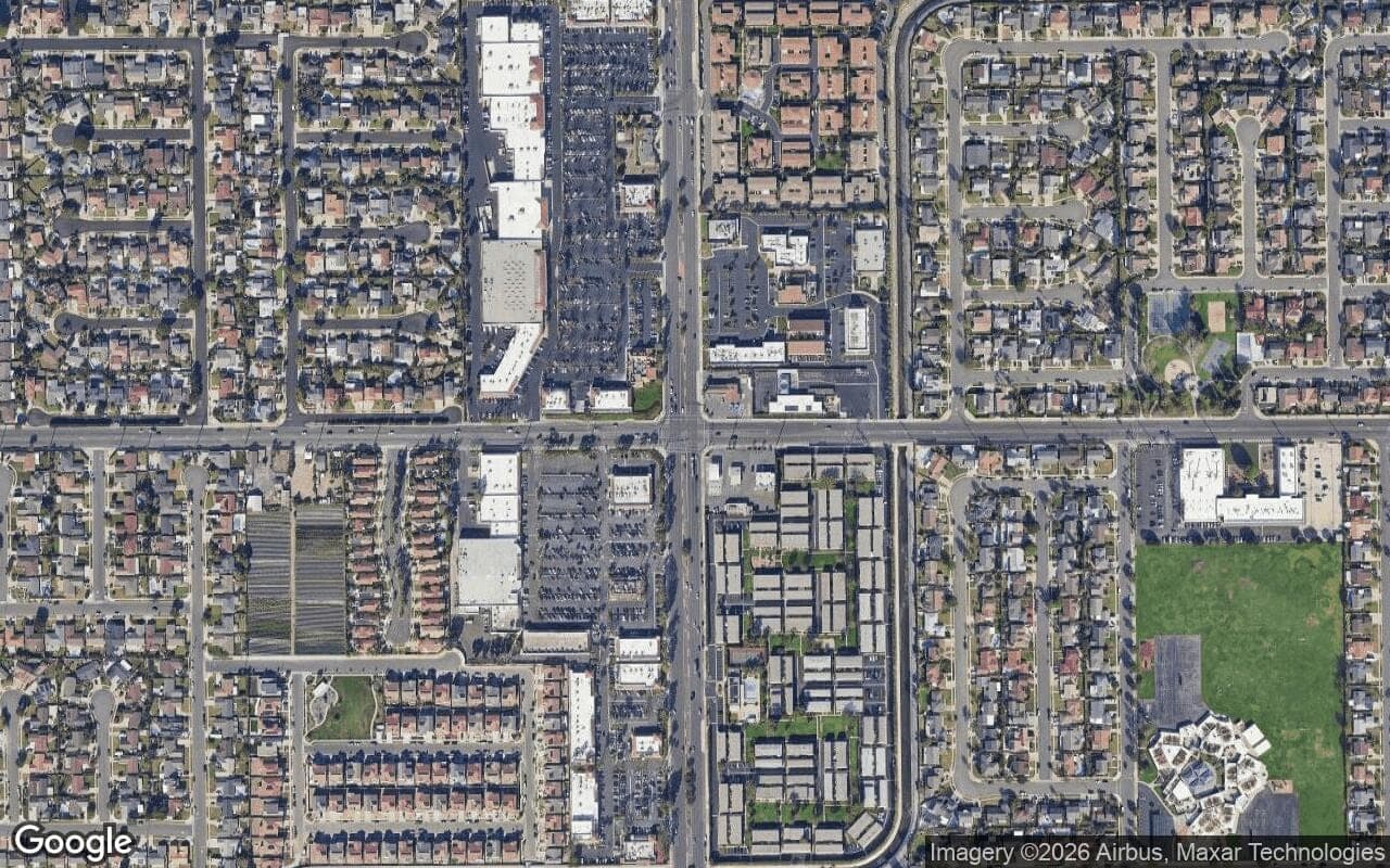 Satellite aerial view of Treasure Cove in Fountain Valley, California, showing the neighborhood's streets and surroundings.