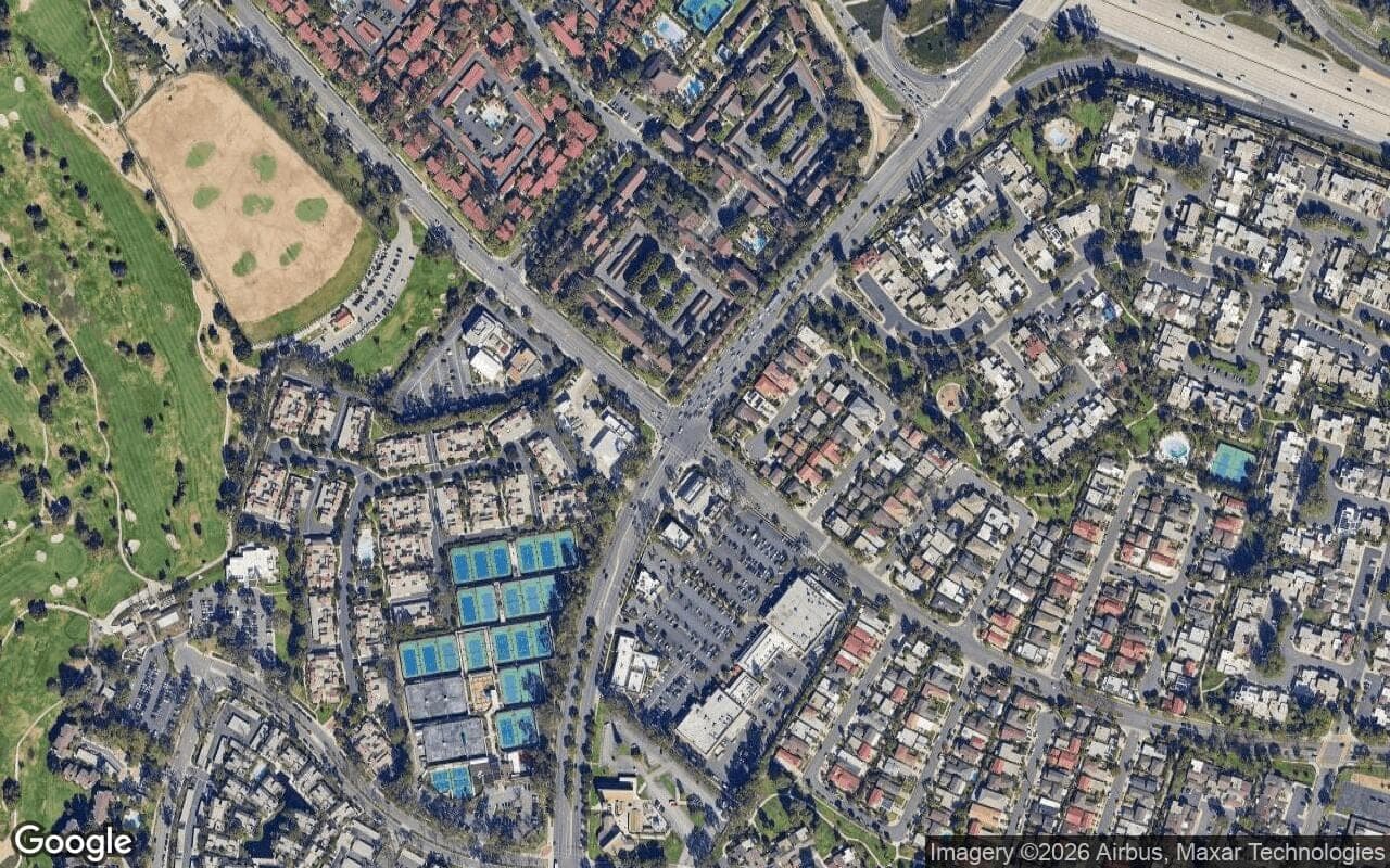 Satellite aerial view of University Park in Irvine, California, showing the neighborhood's streets and surroundings.