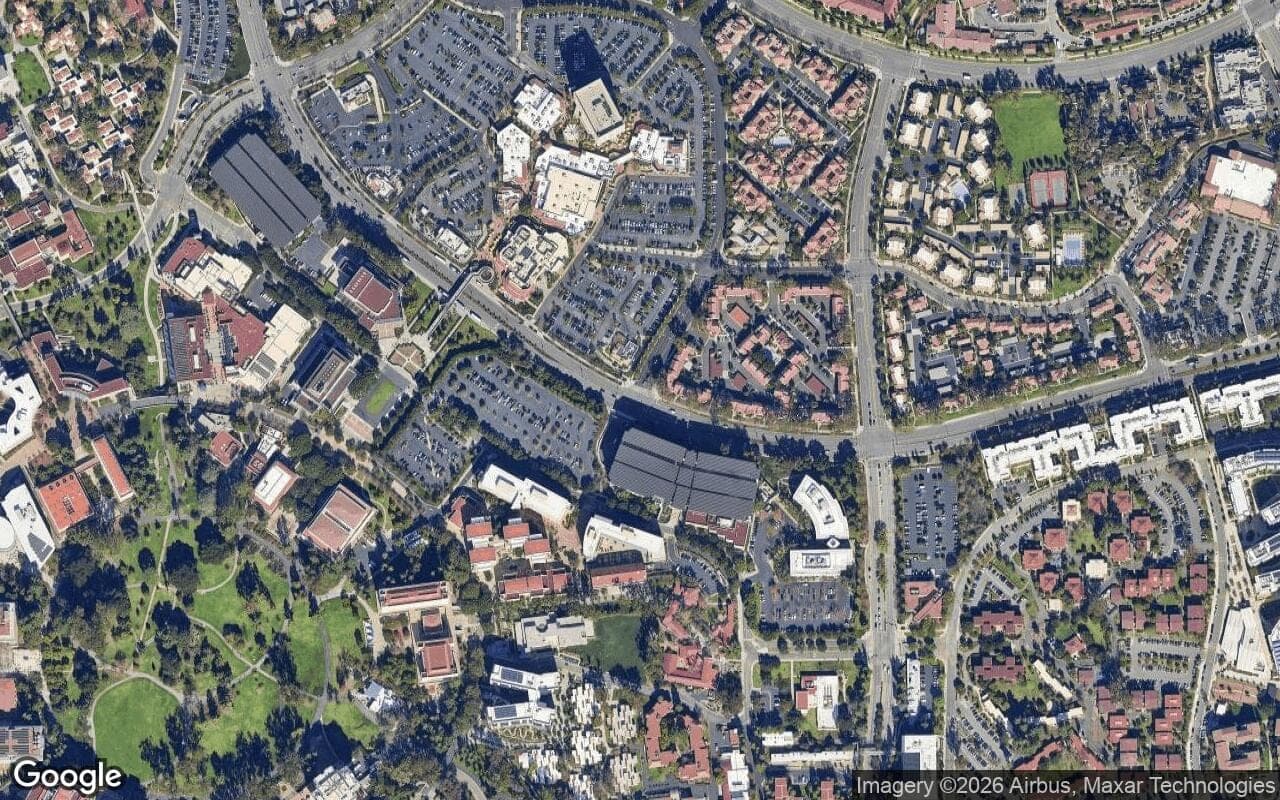 Satellite aerial view of University Town Center in Irvine, California, showing the neighborhood's streets and surroundings.