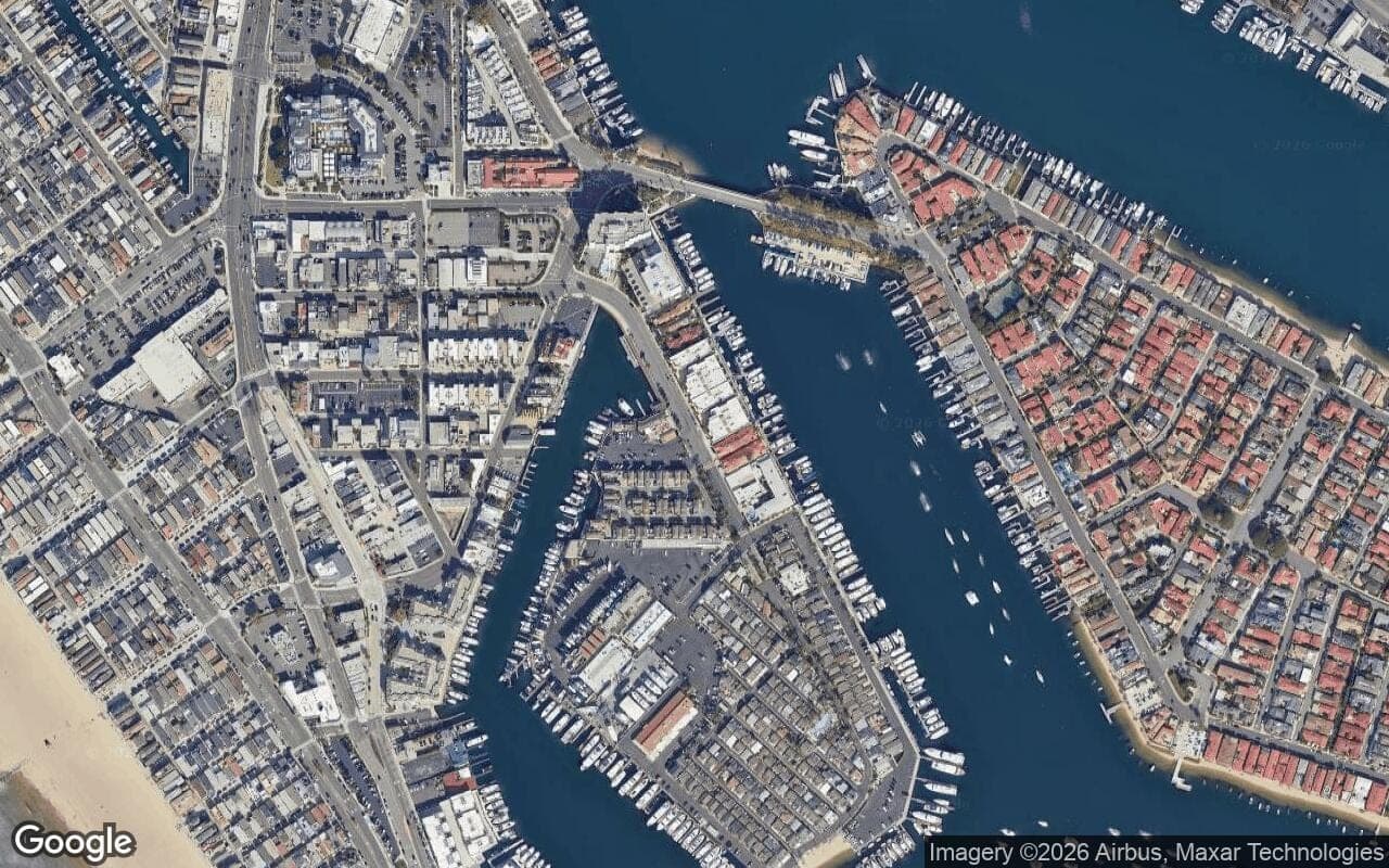 Satellite aerial view of Vista del Lido in Newport Beach, California, showing the neighborhood's streets and surroundings.