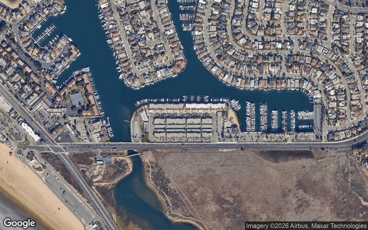 Satellite aerial view of Weatherly Bay in Huntington Beach, California, showing the neighborhood's streets and surroundings.