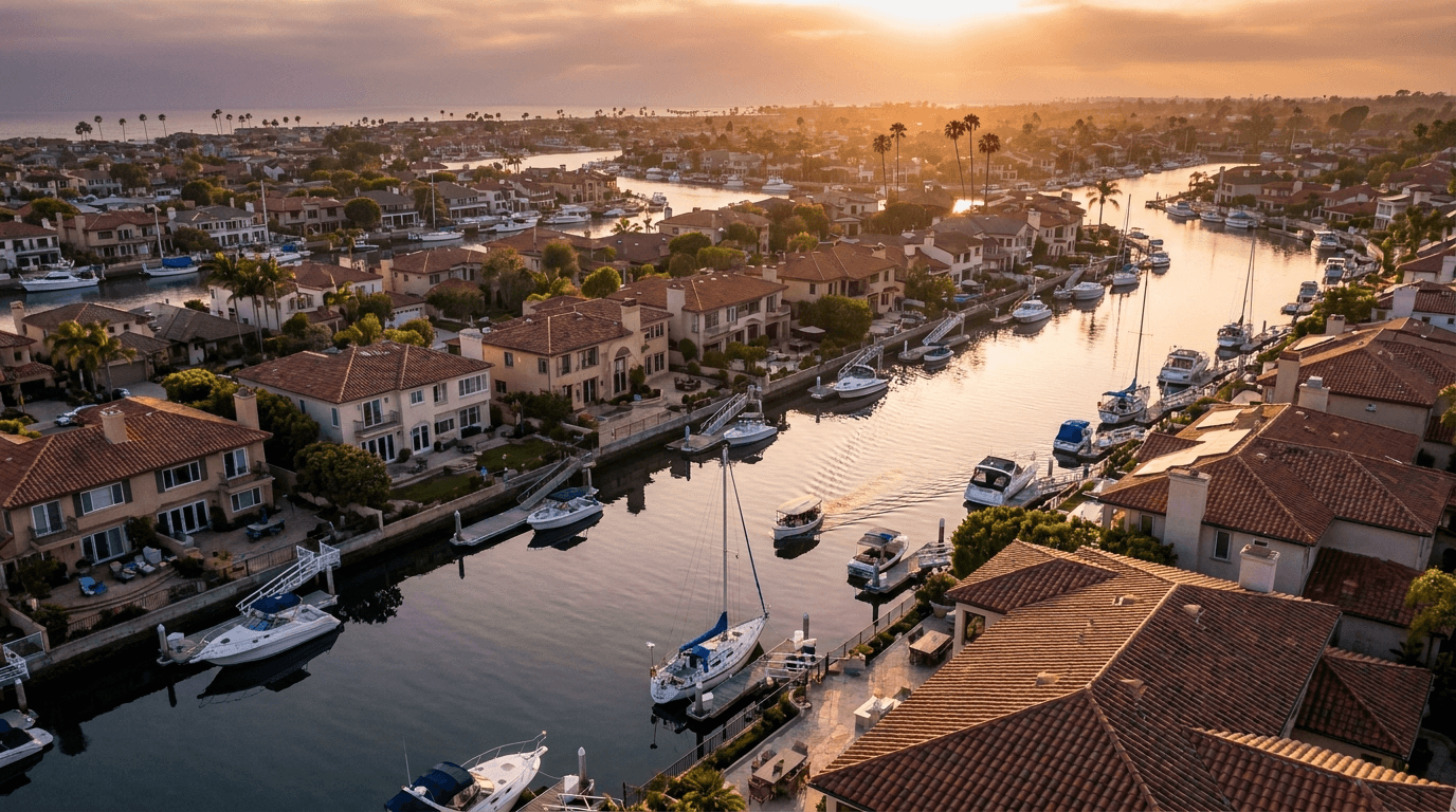 Aerial view of Trinidad Island in Huntington Harbour at golden hour.