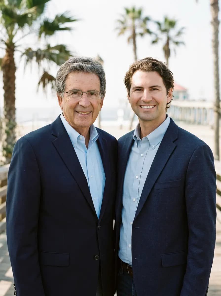 Craig and Justin Ratowsky in front of the palms along the Huntington Beach shore, the father-and-son team behind these community guides.