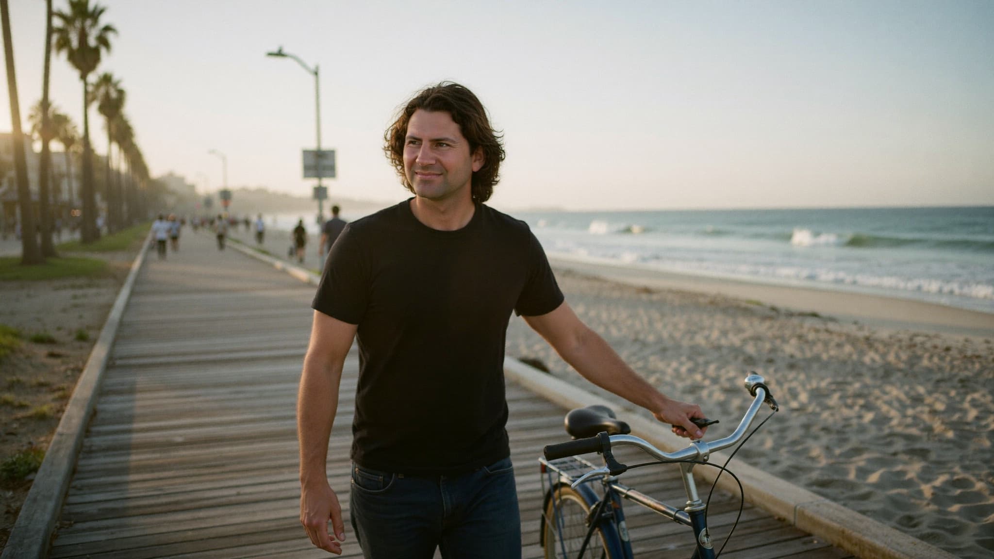 Justin Ratowsky walking the Huntington Beach boardwalk with a beach cruiser at golden hour, the Pacific to the right, Ratowsky Group at Compass.