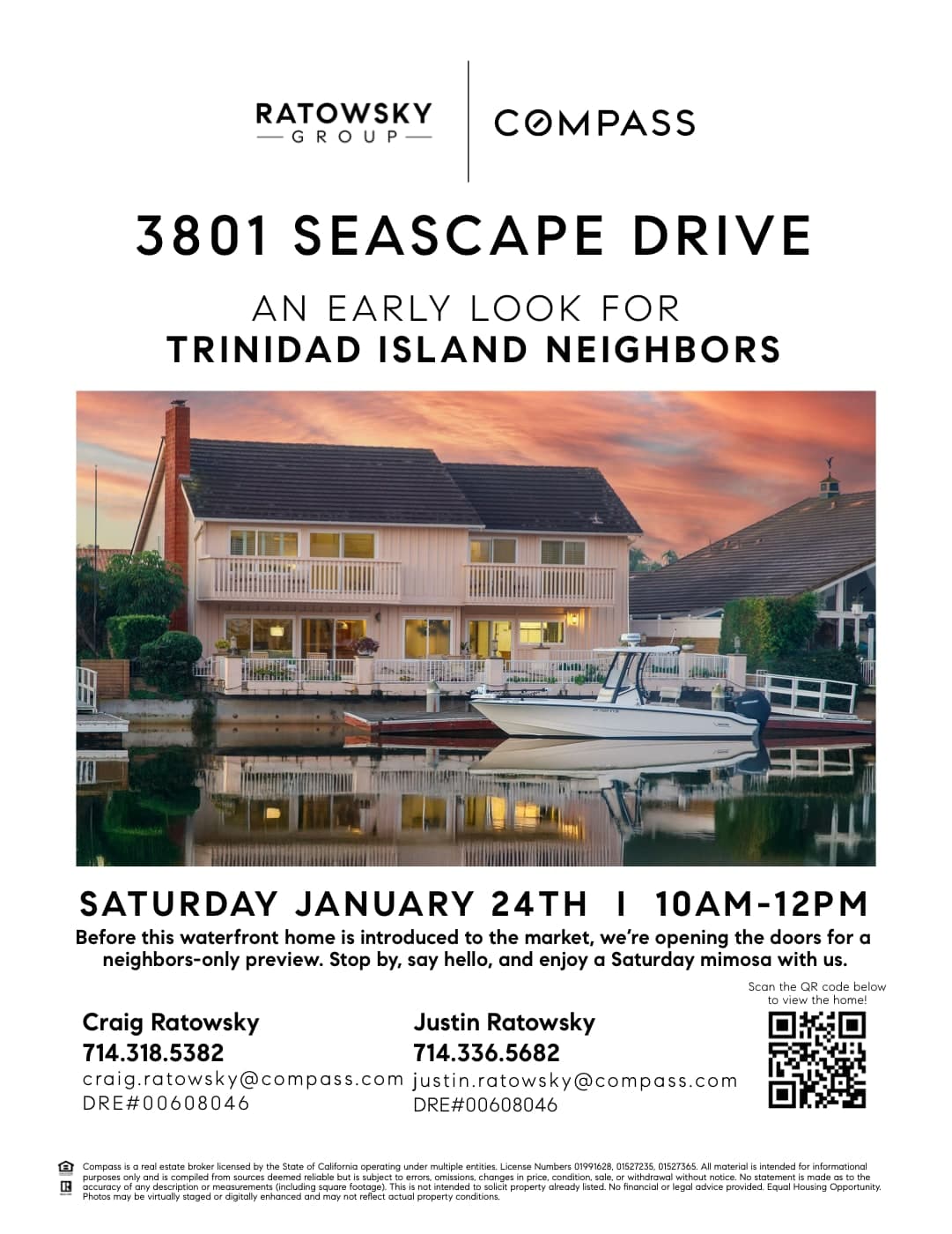 Ratowsky Group and Compass one-sheet inviting Trinidad Island neighbors to an early-look open house at 3801 Seascape Drive.